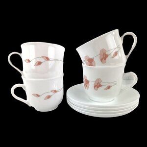 Arcopal Linette Set of 4 Cup & Saucers France White Peach Flowers Gray Stems